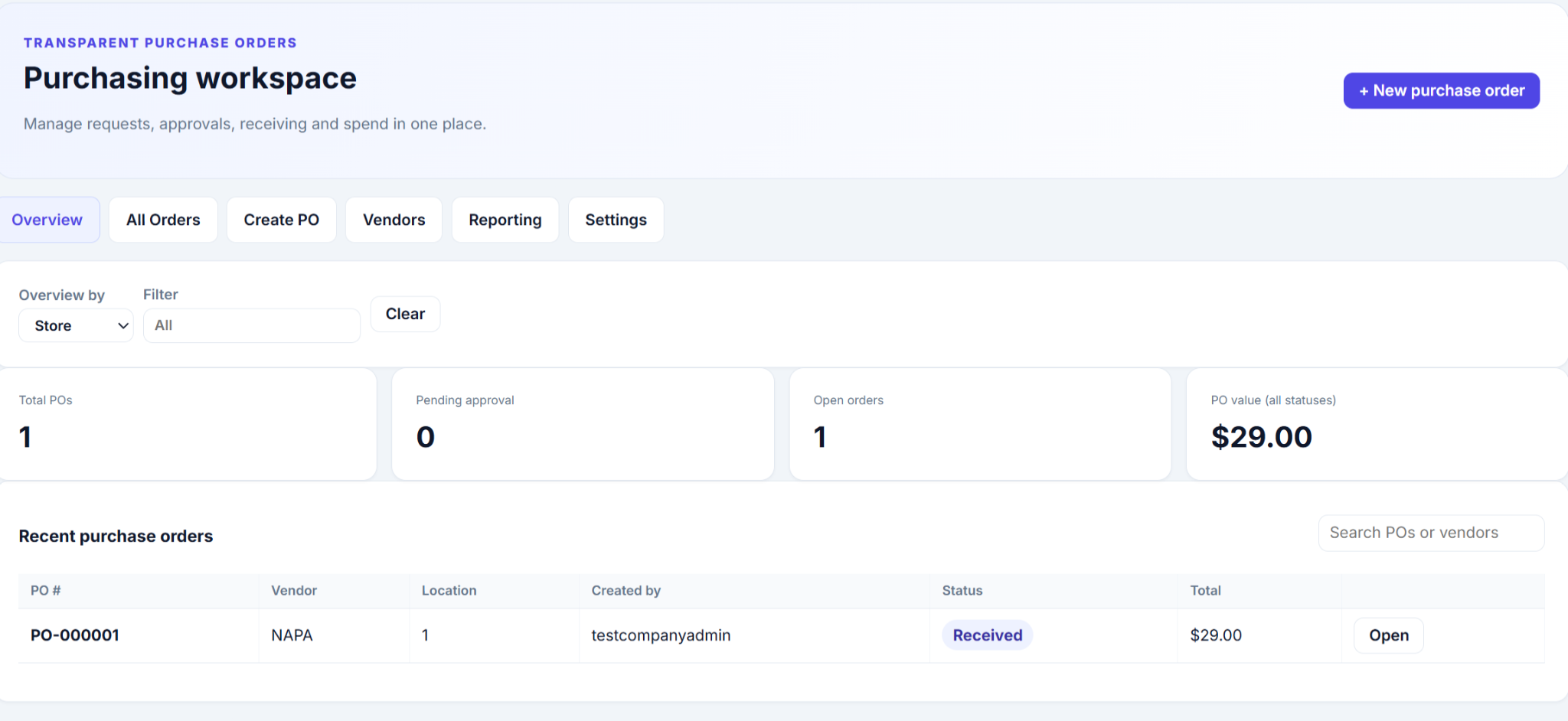 Transparent Purchase Orders application screenshot